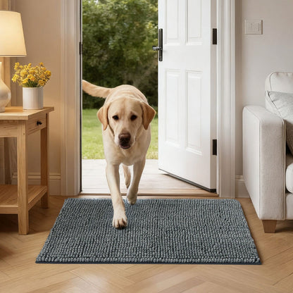 Dog doormat for muddy paws: Labrador steps onto absorbent grey mat at doorway.