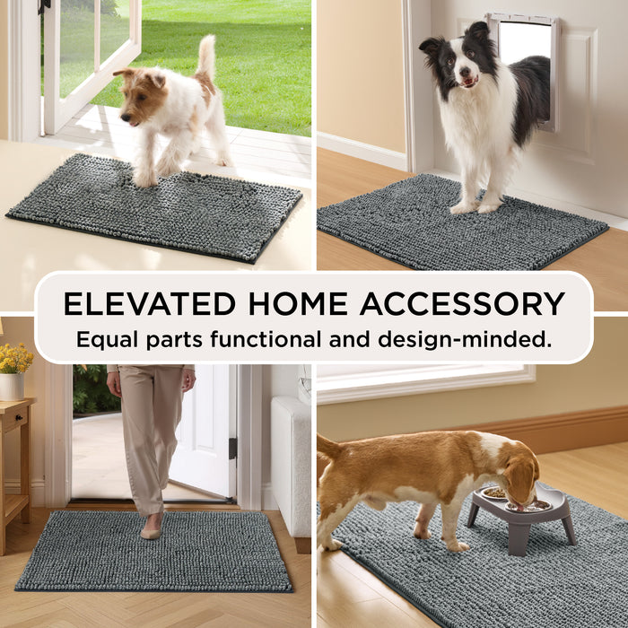 Elevated Home Accessory: Gray chenille dog doormat for cleaning muddy paws.