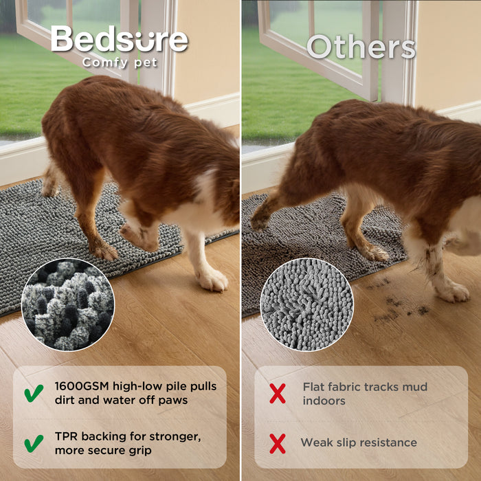Bedsure dog doormat cleans muddy paws effectively, with plush pile and non-slip grip comparison.