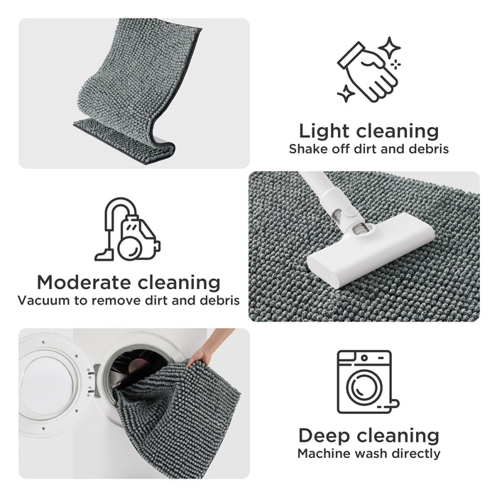 Dog doormat for muddy paws: grey chenille mat illustrated with shake, vacuum, wash.