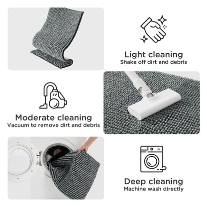 Dog doormat for muddy paws: grey chenille mat illustrated with shake, vacuum, wash.