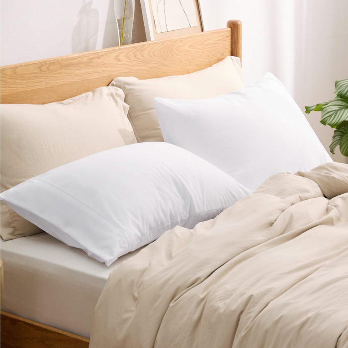 GentleSoft white and tan microfiber pillowcases, soft bedding for sensitive skin.