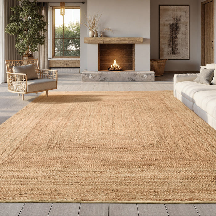 Faux Cashmere Jute-Look Area Rug with natural woven texture in light brown.