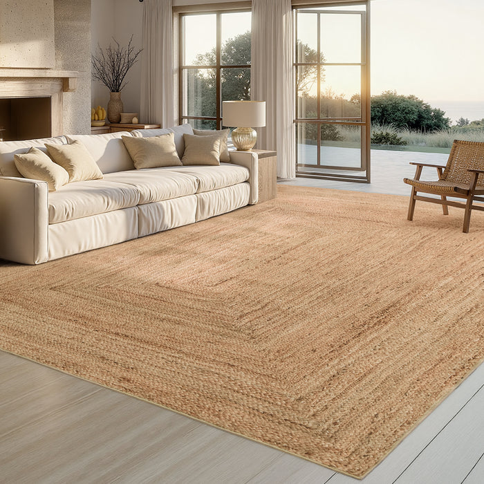 Beige faux cashmere jute-look area rug with woven texture, polyester material.