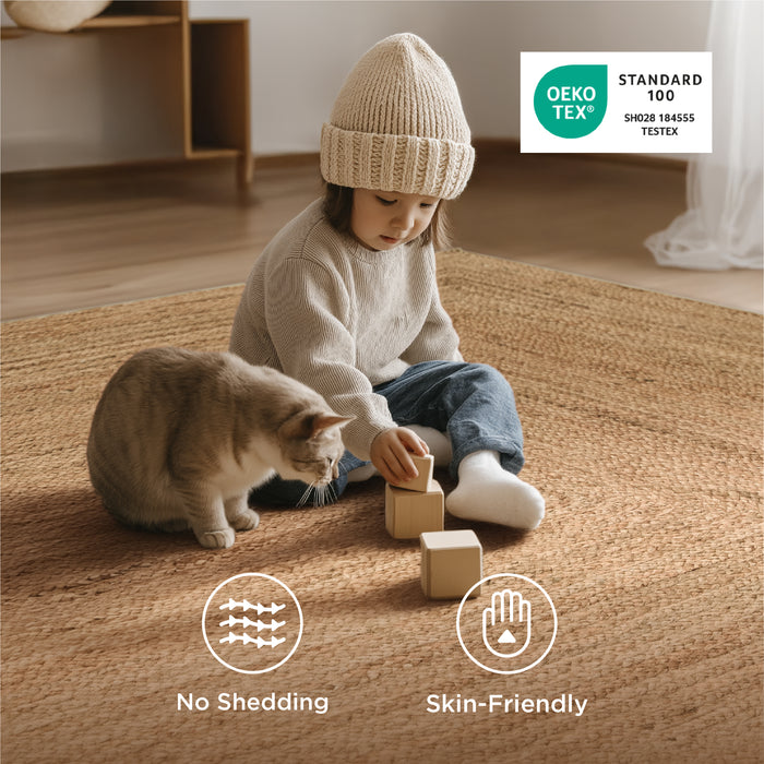 Faux Cashmere Jute-Look Area Rug: soft, shed-free, skin-friendly, OEKO-TEX certified.