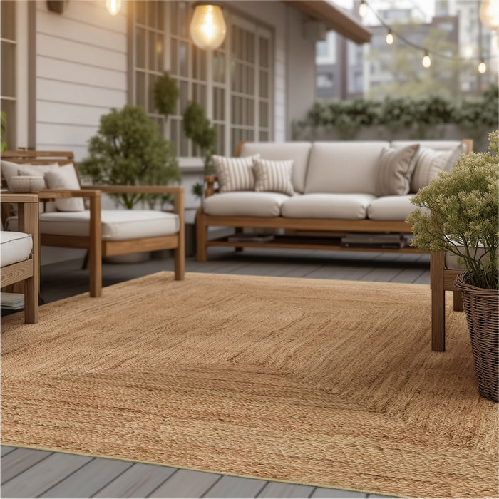 Faux Cashmere Jute-Look Area Rug. Natural polyester blend with intricate woven jute texture.