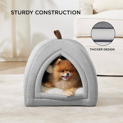 Light gray faux-linen pet tent with Pomeranian, showcasing its sturdy, cozy 2-in-1 design.