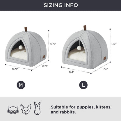 Gray faux-linen cat dog tents M & L sizing, dimensions, suitable for puppies, kittens, rabbits.