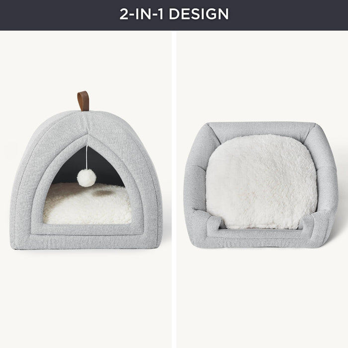 Gray faux-linen pet tent showing 2-in-1 design: tent form with toy and folded bed.