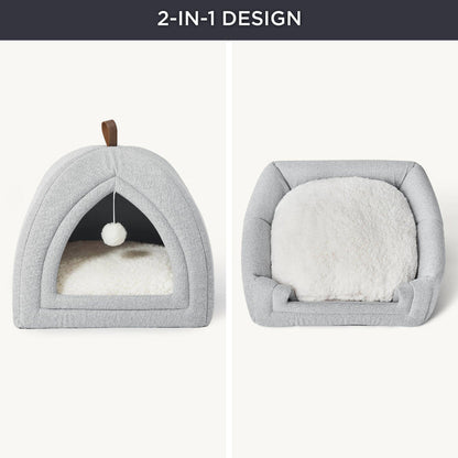 Gray faux-linen pet tent showing 2-in-1 design: tent form with toy and folded bed.