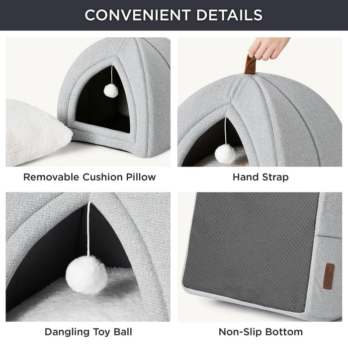 Light gray faux-linen pet tent with removable cushion, dangling toy, hand strap, and non-slip bottom.
