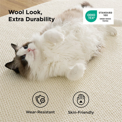 Cream faux wool area rug with cat, OEKO-TEX certified, wear-resistant, skin-friendly.