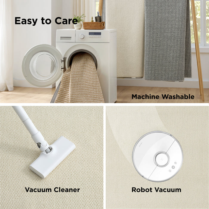 Polyester faux wool area rug in cream and grey, machine washable and vacuum friendly.