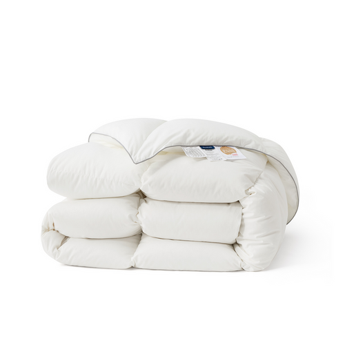 PureWoven™ Feather Down Comforter folded with grey piping and Downpass tag.