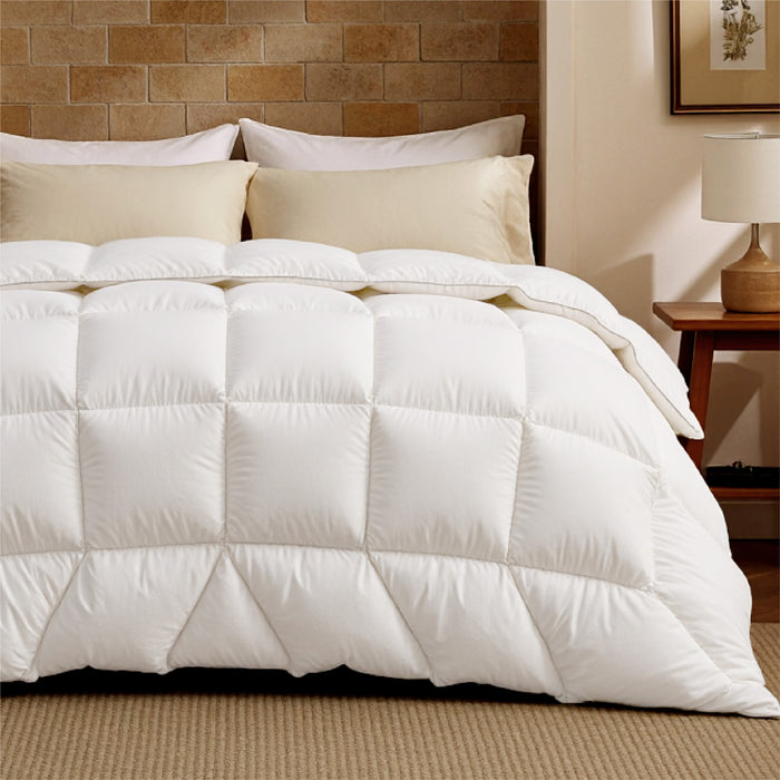 PureWoven™ white feather down comforter with plush box quilting for cozy warmth.