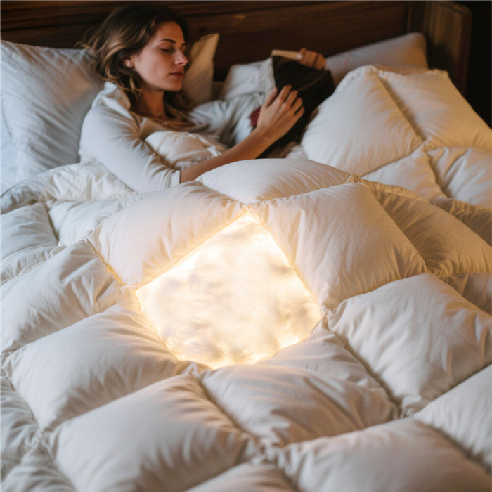 Woman enjoying comfort under a fluffy PureWoven™ feather down comforter with visible soft, premium fill.