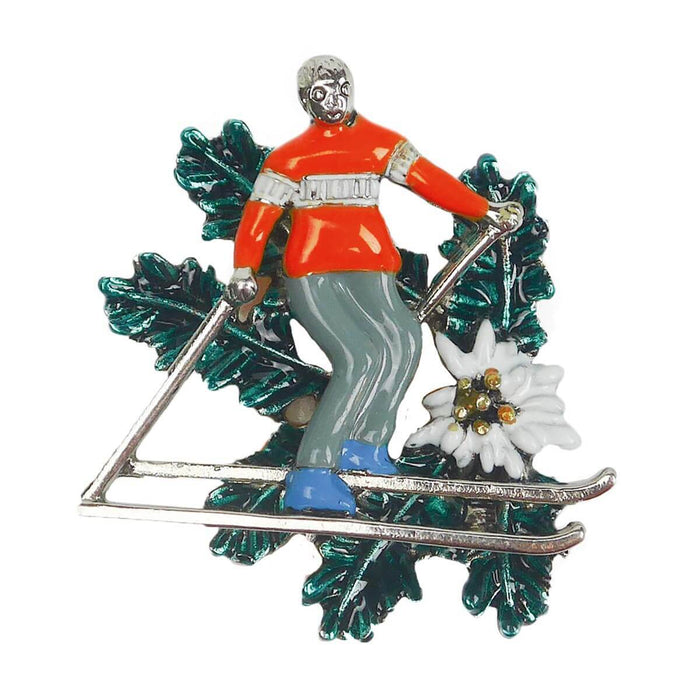 German Alps Alpine Skier Metal Hat Pin with Edelweiss - ScandinavianGiftOutlet
