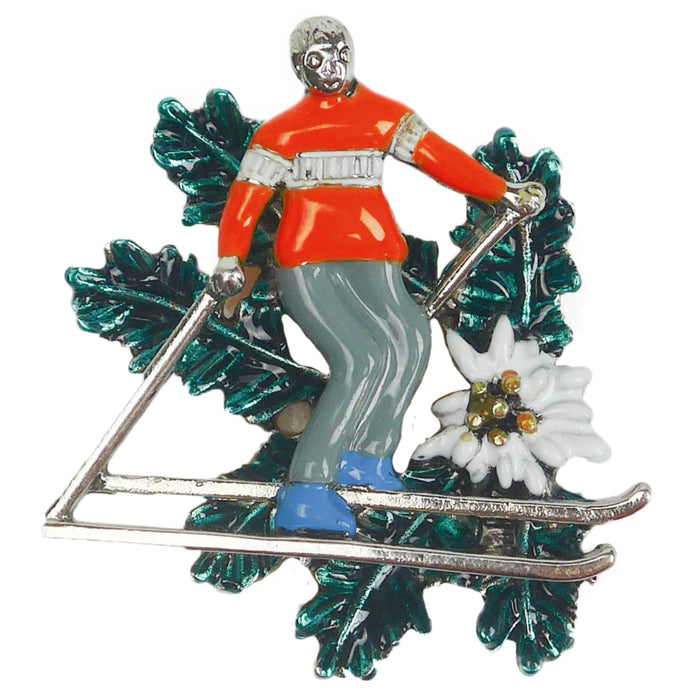 German Alps Alpine Skier Metal Hat Pin with Edelweiss - ScandinavianGiftOutlet