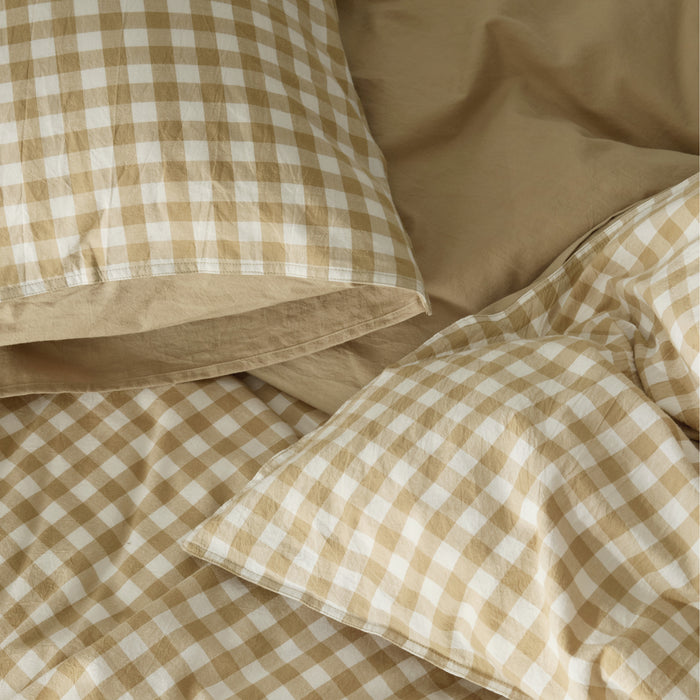 Classic beige and white gingham washed cotton duvet cover set with pillow sham.