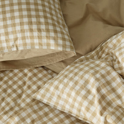 Classic beige and white gingham washed cotton duvet cover set with pillow sham.