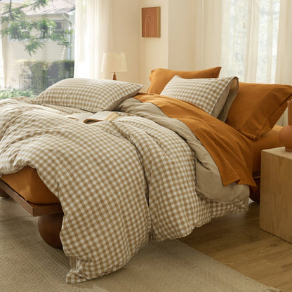 Beige gingham washed cotton duvet cover bedding with burnt orange accents.
