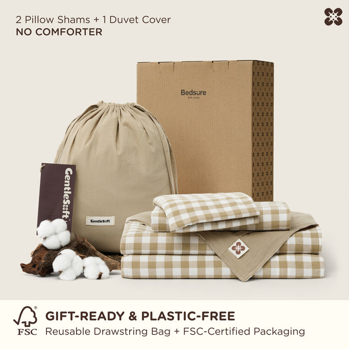 Beige & white gingham duvet cover set with 2 shams, washed cotton, in gift packaging.