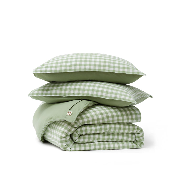 Soft light green gingham washed cotton duvet cover set with shams