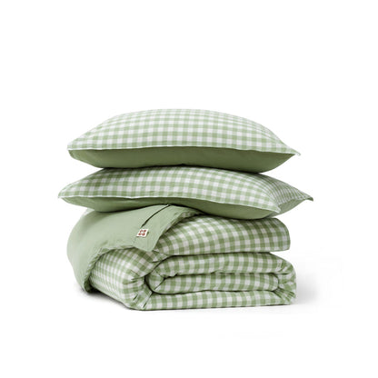 Soft light green gingham washed cotton duvet cover set with shams