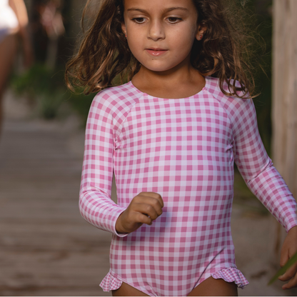 girls blush gingham rashguard one piece