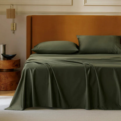 Olive green PureWoven Giza Egyptian cotton sheet set with pillowcases, highlighting soft sateen weave.