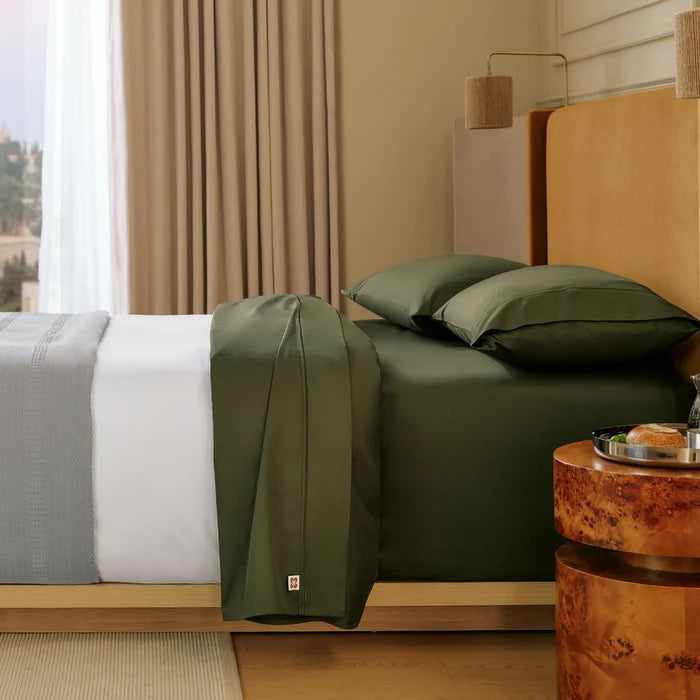 PureWoven Giza Egyptian cotton sheet set, olive green, smooth sateen weave.