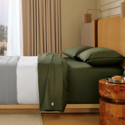 PureWoven Giza Egyptian cotton sheet set, olive green, smooth sateen weave.