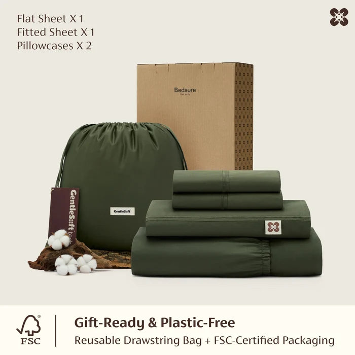 Deep green Giza Egyptian cotton sheet set with drawstring bag and FSC-certified packaging, gift-ready.