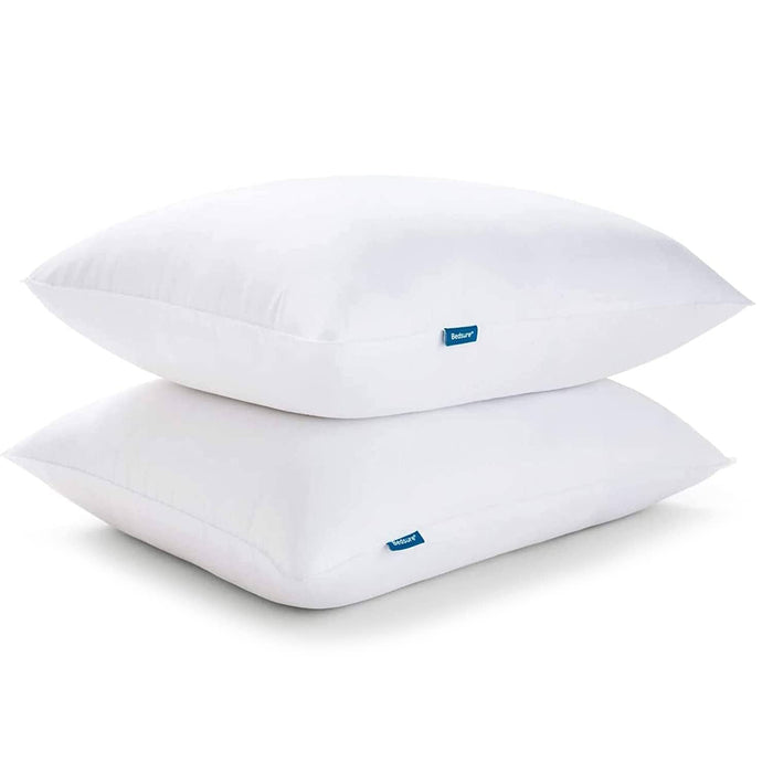 Two white Bedsure Hotel Pillows stacked, showcasing puffy support. Includes blue brand tag.