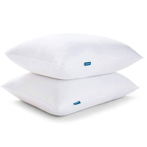 Two white Bedsure Hotel Pillows stacked, showcasing puffy support. Includes blue brand tag.