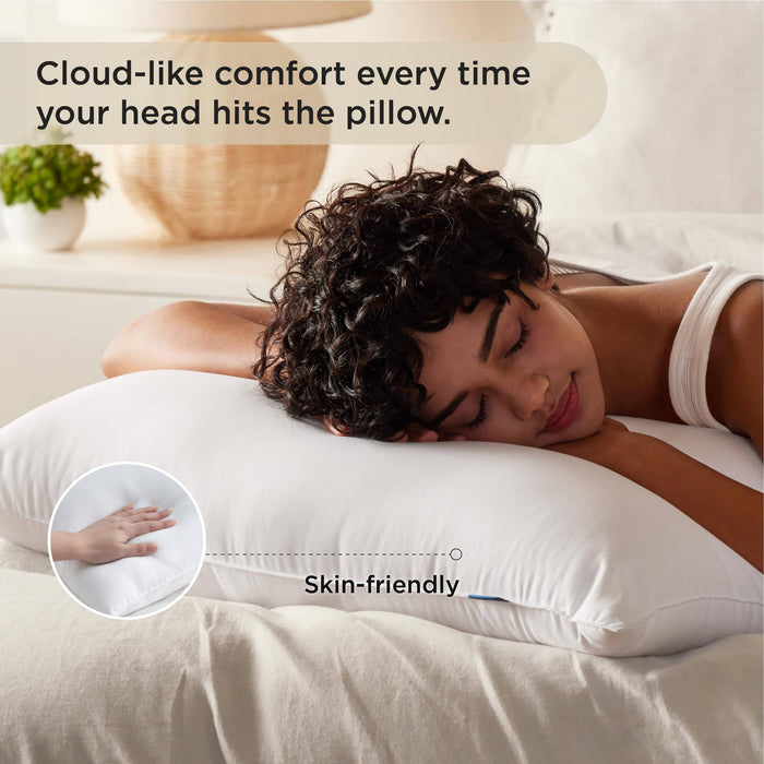 GentleSoft hotel pillow: woman sleeps soundly, hand presses for skin-friendly comfort. OEKO-TEX certified.