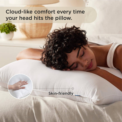 GentleSoft hotel pillow: woman sleeps soundly, hand presses for skin-friendly comfort. OEKO-TEX certified.