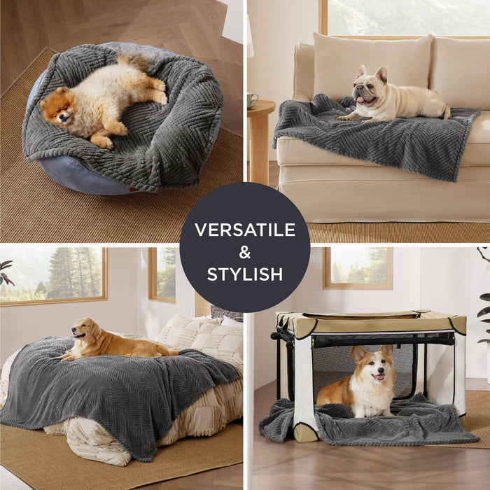 Dark grey jacquard fleece pet blanket in four versatile uses: pet bed, sofa, bed, crate with dogs.