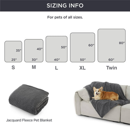 Dark grey jacquard fleece pet blanket shown in folded and draped on sofa with Corgi, with size chart for pets.