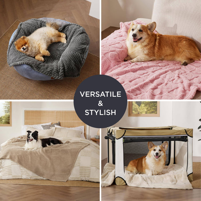 Jacquard fleece pet blanket shown in four versatile uses: dog bed, sofa, bed, and crate.