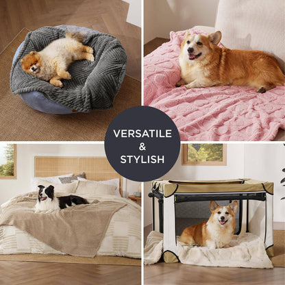 Jacquard fleece pet blanket shown in four versatile uses: dog bed, sofa, bed, and crate.
