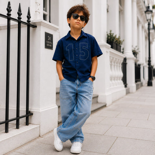 Kids Boys Combo Set with Blue Comfort Fit Casual Shirt & Light Blue Relaxed Fit Denim Jeans