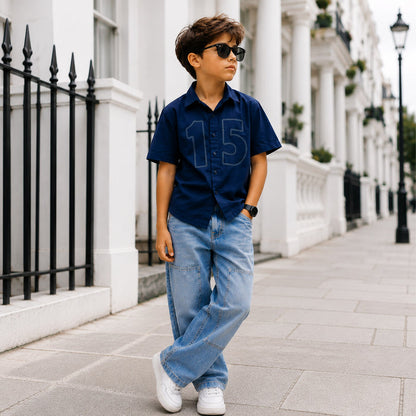 Kids Boys Combo Set with Blue Comfort Fit Casual Shirt & Light Blue Relaxed Fit Denim Jeans
