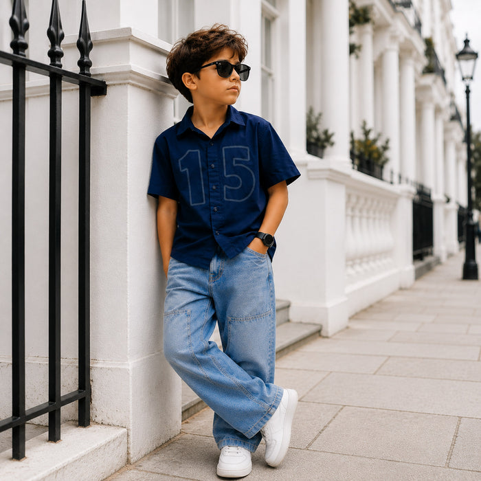 Kids Boys Combo Set with Blue Comfort Fit Casual Shirt & Light Blue Relaxed Fit Denim Jeans