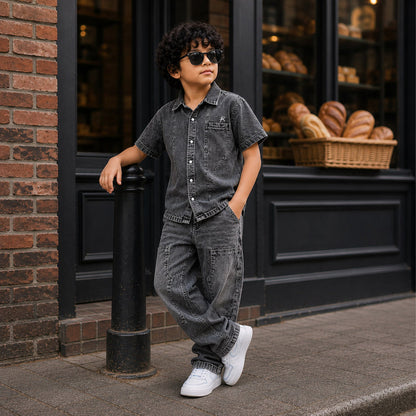 Kids Boys Combo Set with Grey Denim Shirt & Grey Comfort Fit Denim Jeans, Perfect Party Pair