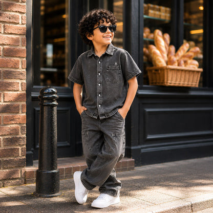Kids Boys Combo Set with Grey Denim Shirt & Grey Comfort Fit Denim Jeans, Perfect Party Pair