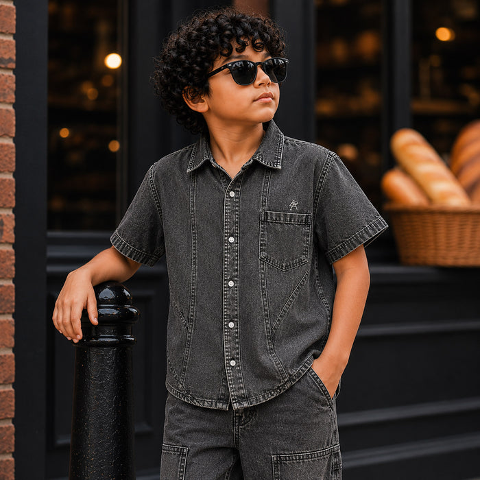 Kids Boys Combo Set with Grey Denim Shirt & Grey Comfort Fit Denim Jeans, Perfect Party Pair