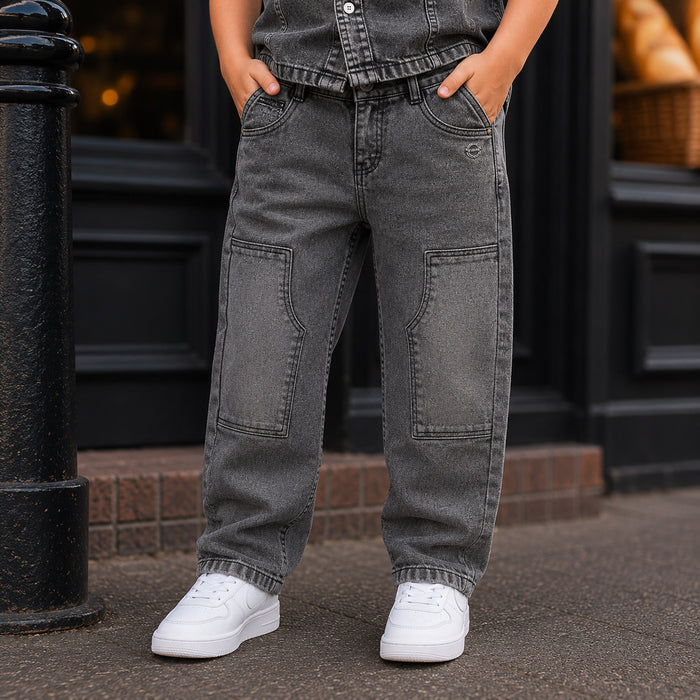 Kids Boys Combo Set with Grey Denim Shirt & Grey Comfort Fit Denim Jeans, Perfect Party Pair