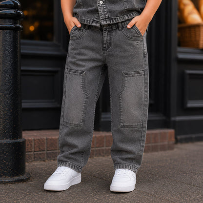 Kids Boys Combo Set with Grey Denim Shirt & Grey Comfort Fit Denim Jeans, Perfect Party Pair