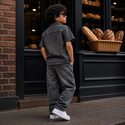 Kids Boys Combo Set with Grey Denim Shirt & Grey Comfort Fit Denim Jeans, Perfect Party Pair